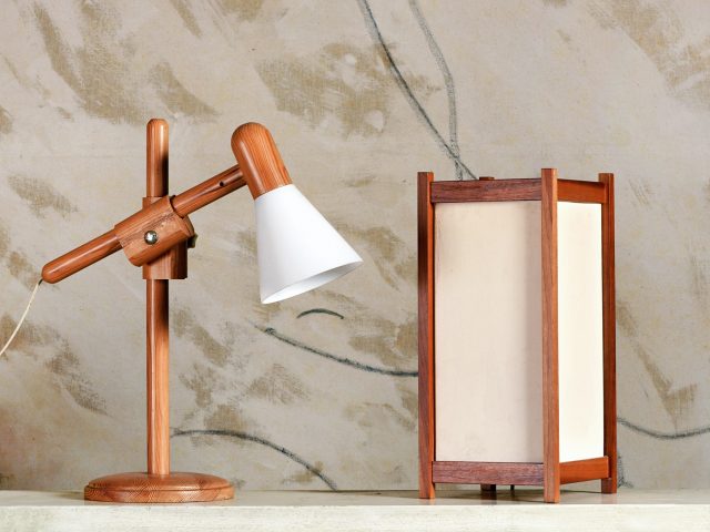 Two modern wooden designer table lamps